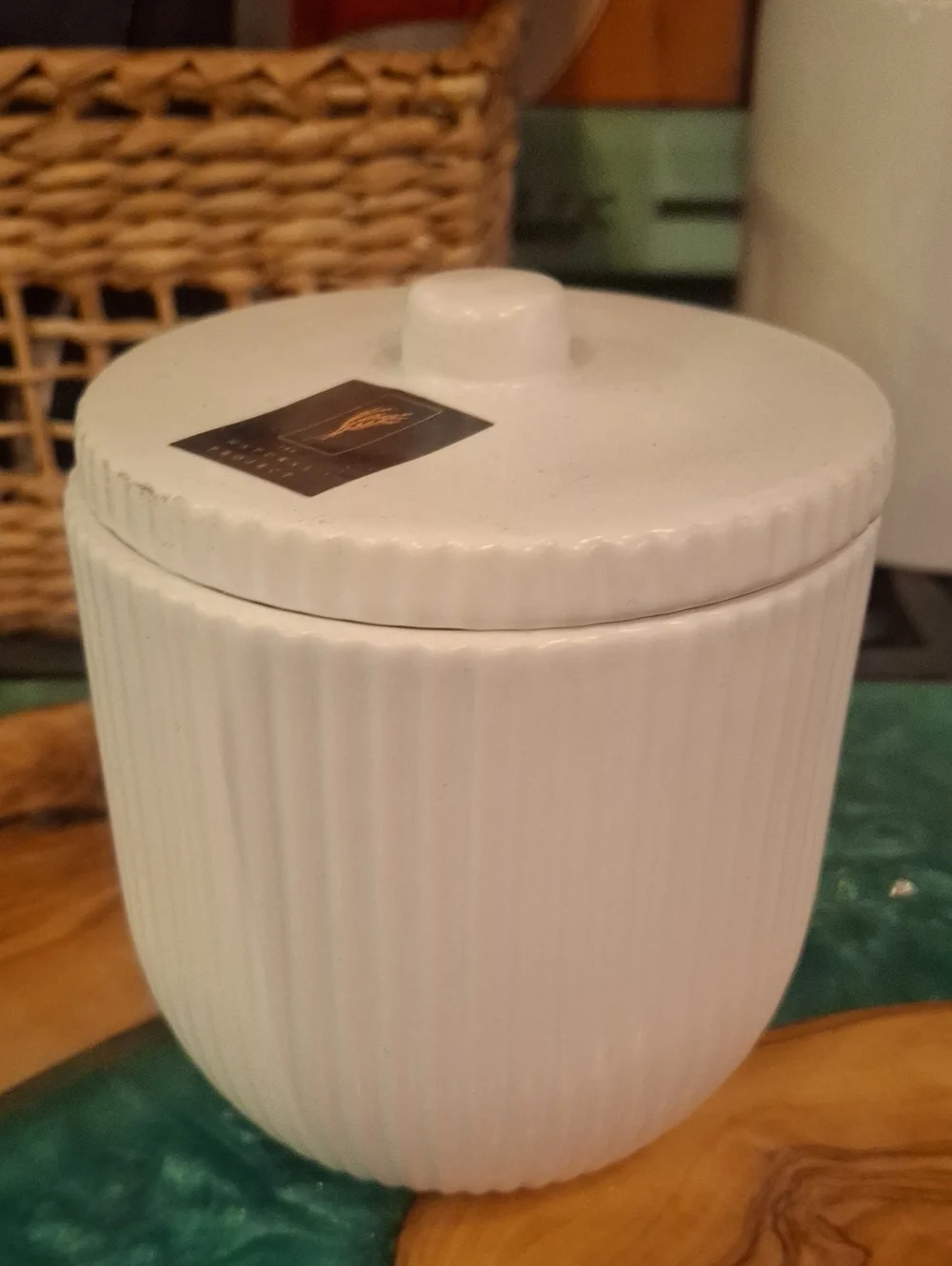 White Ribbed Ceramic Canister with Lid